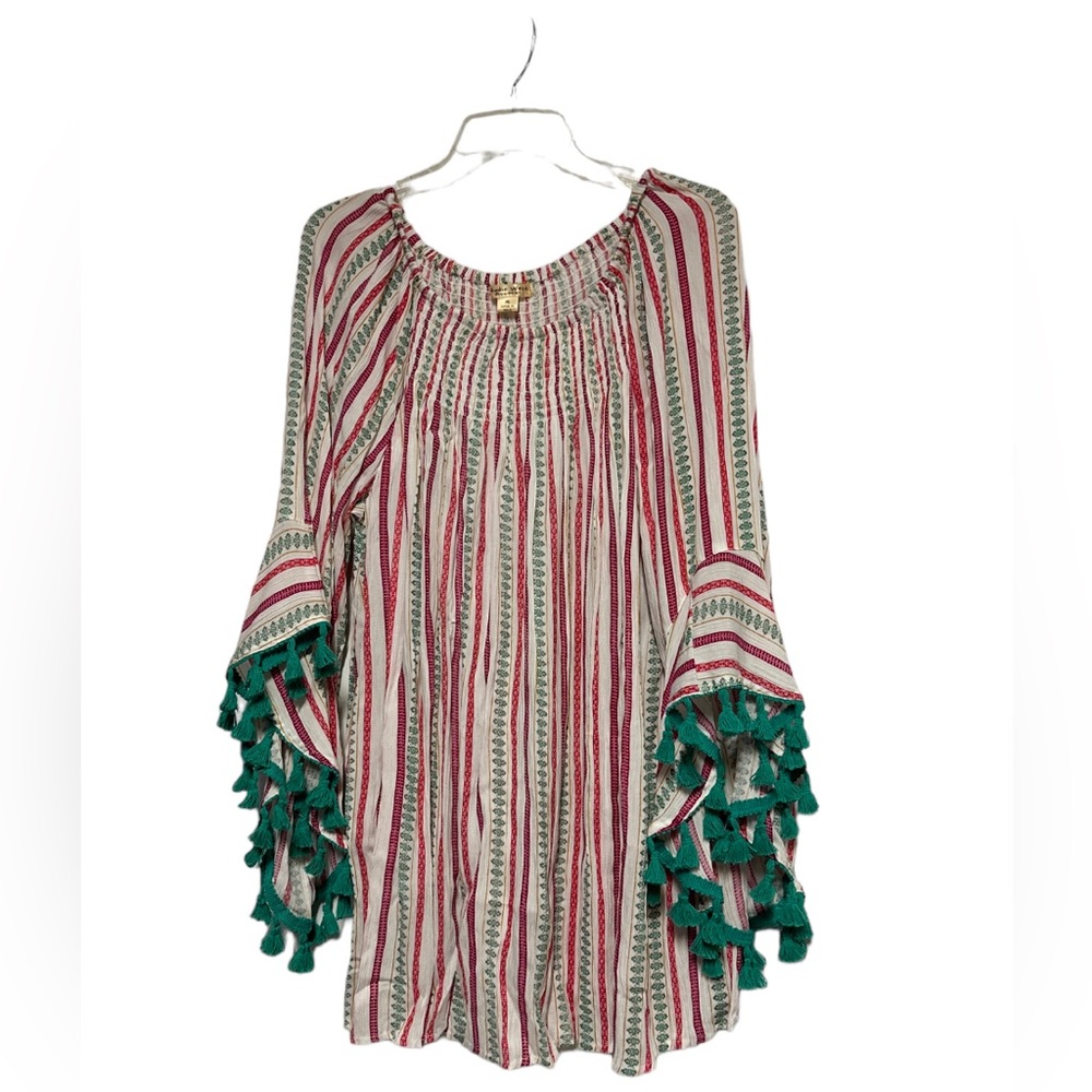 Women’s Studio West Apparel Striped Red Green Fringe Sleeve Top Blouse XL NEW